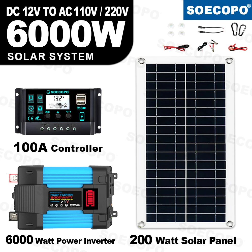 

SOECOPO 6000 Вт для дома/кемпинга, резервная автономная солнечная система, полный комплект, инвертор от 12 В/24 В до 110 В/220 В, контроллер 100 А, панель 200 Вт