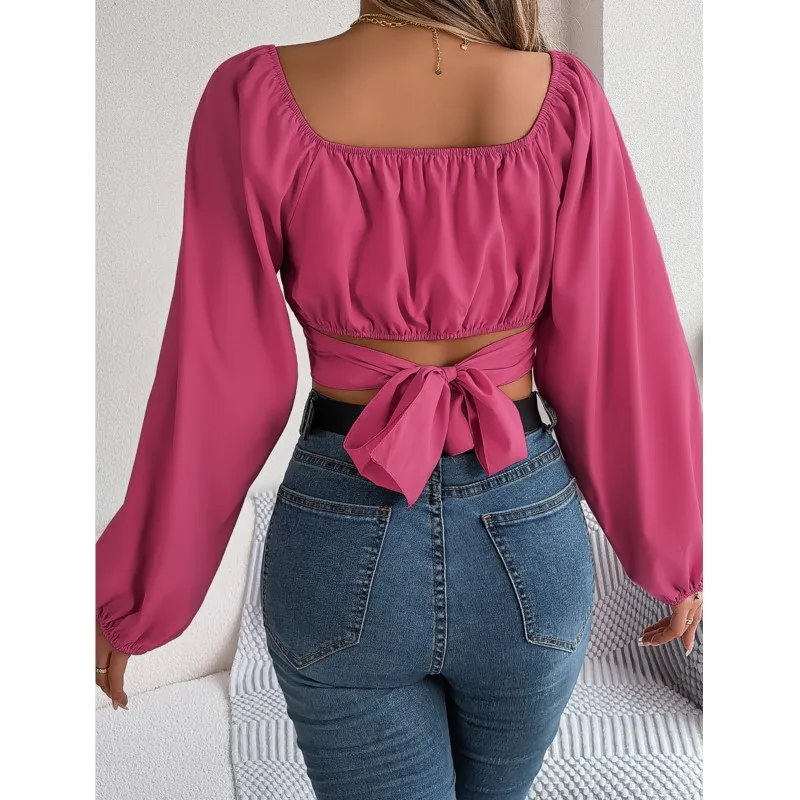 Spring/Summer Leisure Lantern Sleeves Lace Up Chiffon Blouse Woman Slim Solid Color Crop Tops Lady Long-Sleeved Backless Shirts