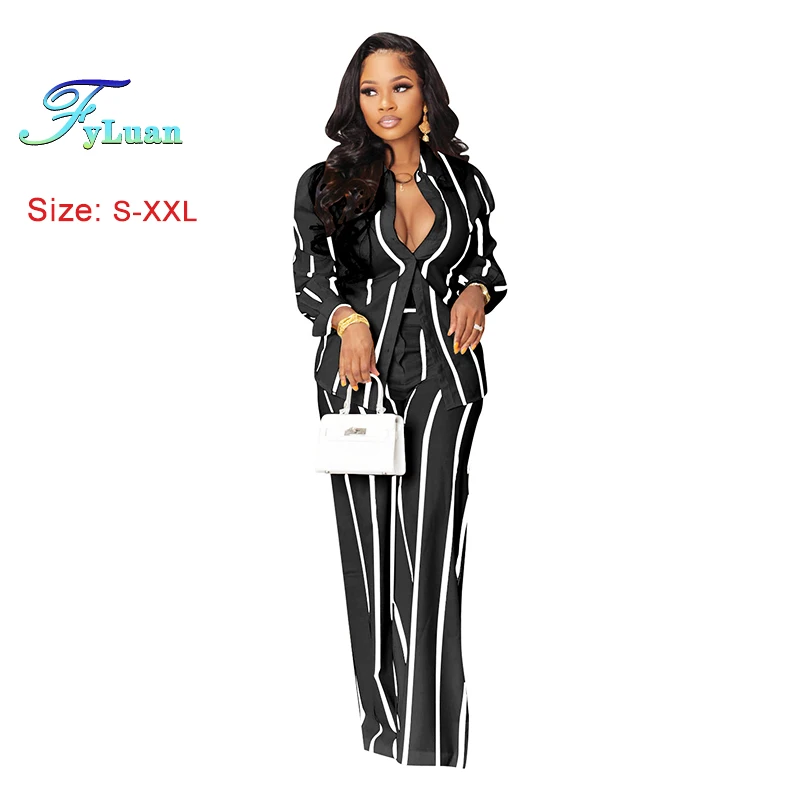 

Модные женские комплекты, полосатая рубашка без рукавов с глубоким v-образным вырезом и принтом, прямой комбинезон, брюки, комплект из двух предметов, повседневная уличная одежда