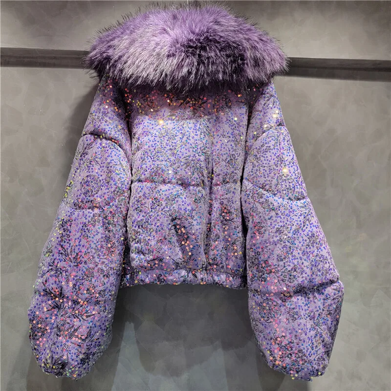 DEAT Women\'s Cotton Padded Coat Loose Pink Purple Sequins Batwing Sleeve Fur Collar Thick Jacket 2024 Winter New Fashion 33A2046