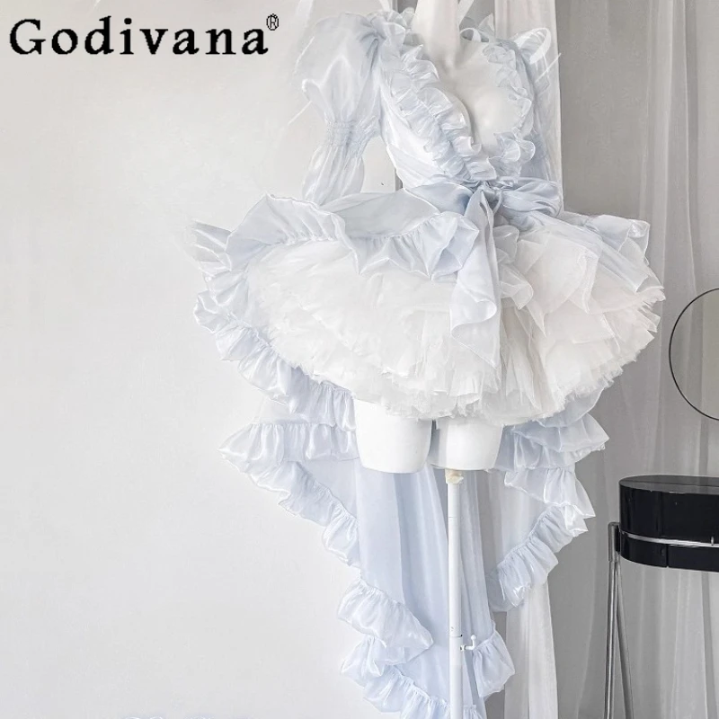 

Women's Japanese Style Lolita Party Dress Long Sleeve Sweet Princess Dress Female Blue Color Big Bow Extra Long Cape Dress