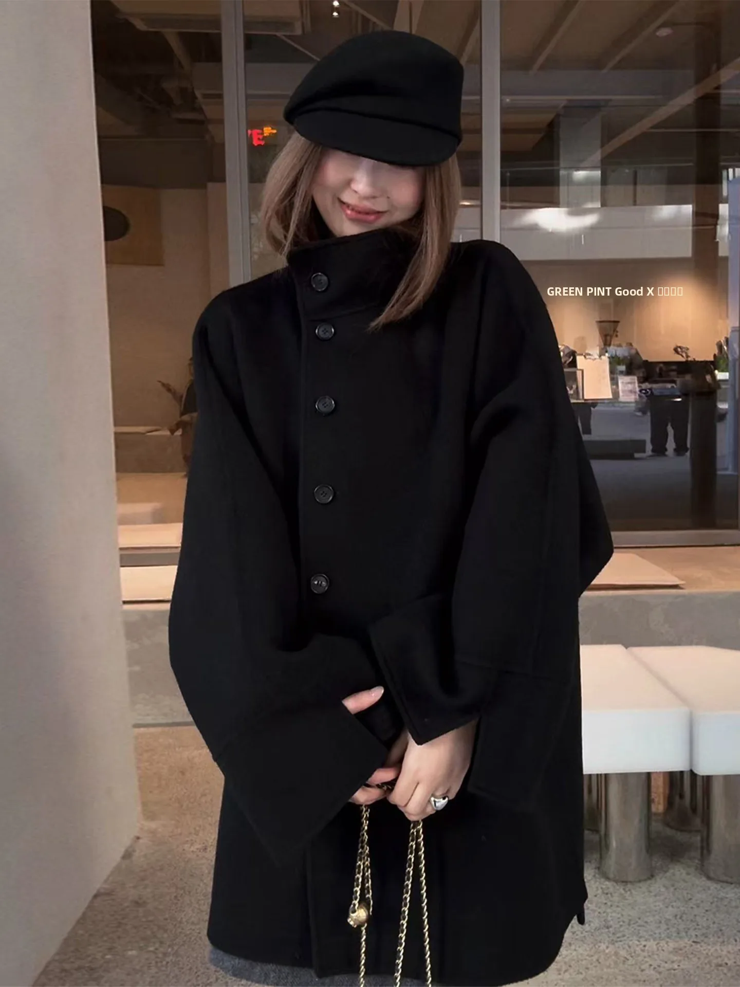 

Loen Double-Faced Woolen Coat Long Sve Stand Collar Loose Autumn Winter Women's Faion Thiened Vintage Sle