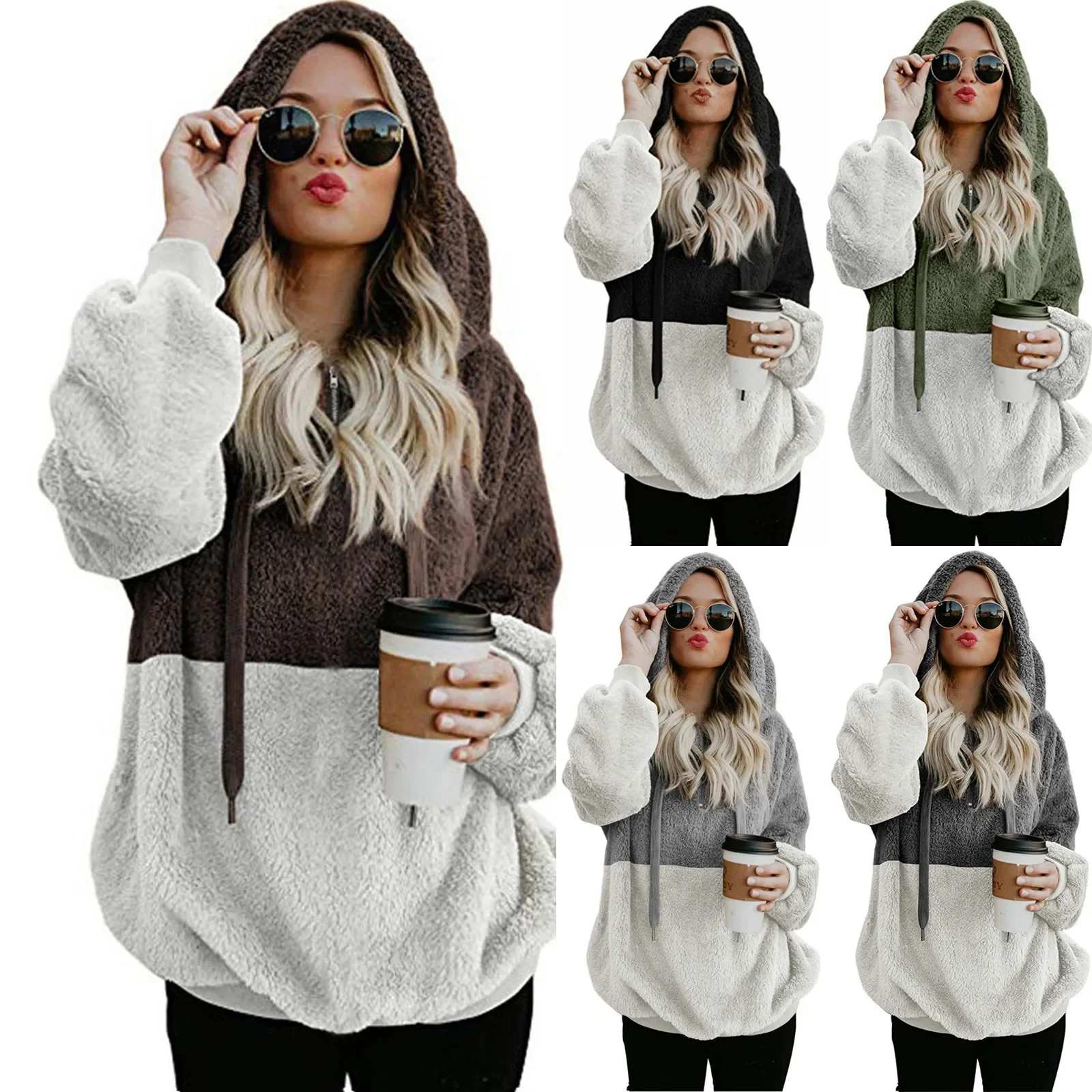 Women's pullover Women's Color Blocking Hooded Stitched Long Sleeve Zipper Plush Sweatshirts