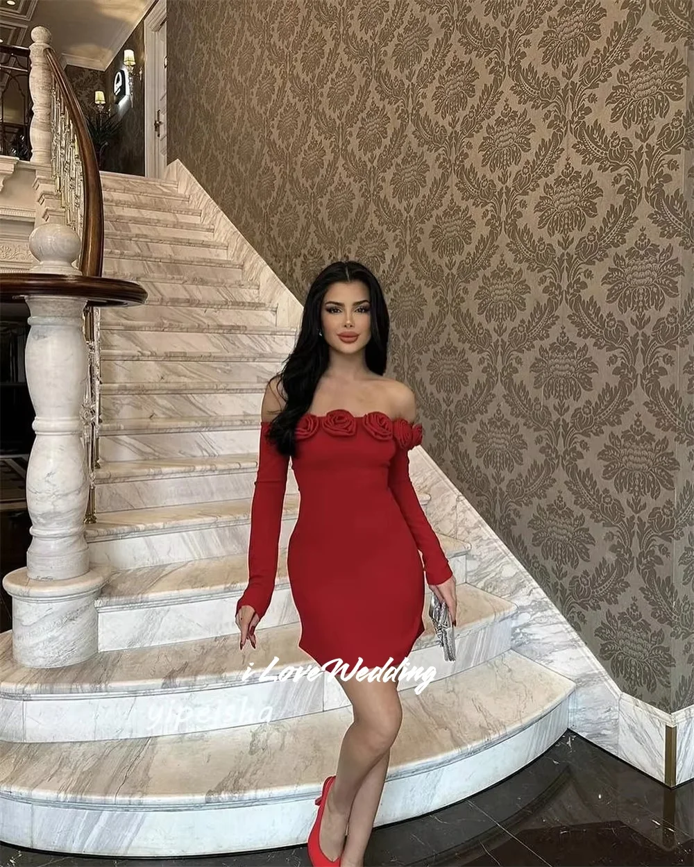 

Red Strapless Mini Skirt Sexy Flower Long Sleeve Off Shoulder Cocktail Dress Modern Pleated Party Dress Birthday Dress Customize