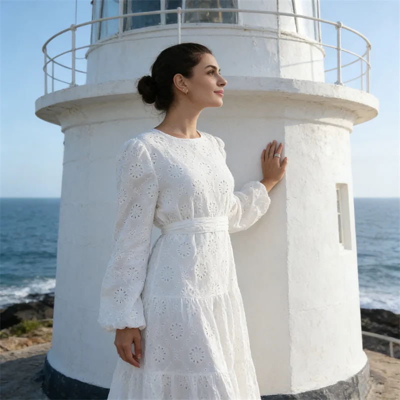 

Fashion White Embroidery Abaya Dubai Kaftan Women Belted Long Sleeve Muslim Dress Islam Evening Party Gown Arabic Robe Vestidos