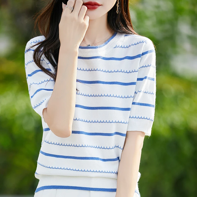 Damen-Rundhalspullover für Frühling und Herbst, 100 % Andy-Samt-Strickpullover, lässiges und elegantes Top, Sommer-Kurzarmshirt, SMY