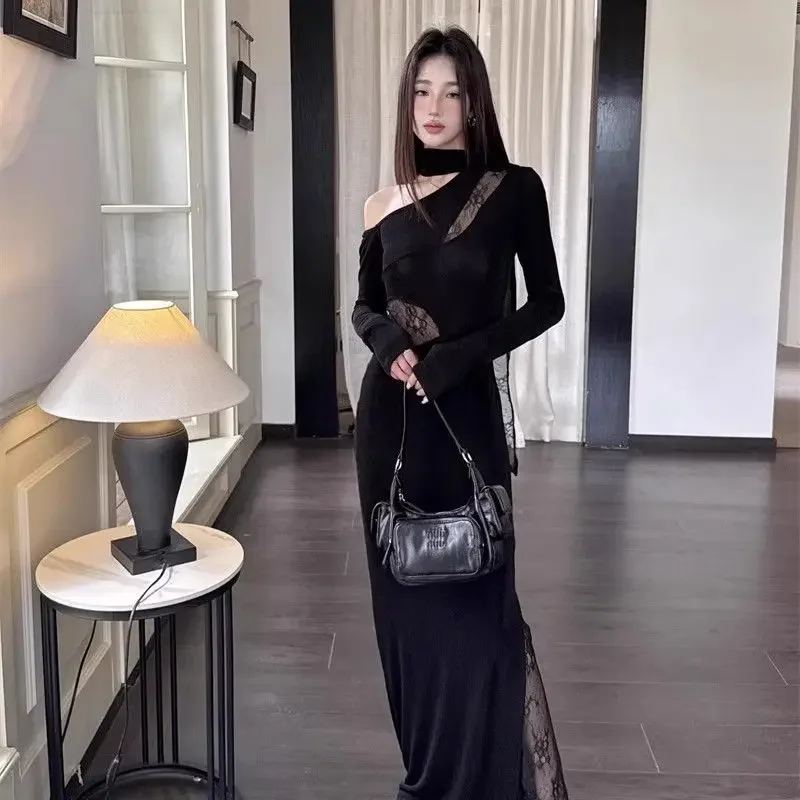 أسود مائل الياقة خارج الكتف الدانتيل الربط الإناث النبيلة الساخنة فتاة تصميم المتخصصة فساتين الورك