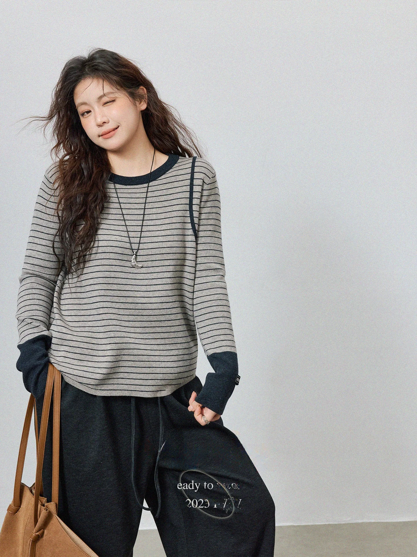 

Loose Casual Long Sleeve round Neck Sweater Inner Wear Striped Top plus Size Women's Spring Fashion Winter Color Block Knitwear