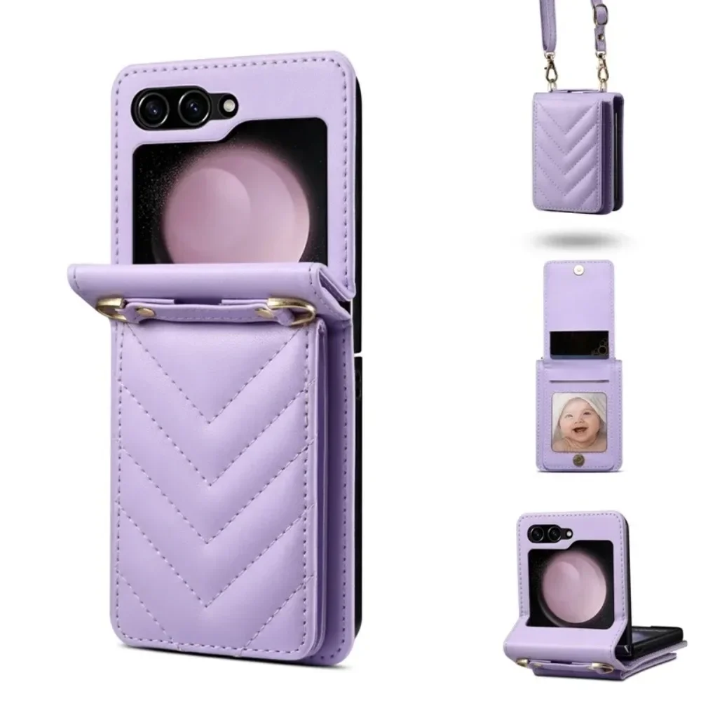 

High Texture Trendy Elegant Woman 2IN1 Card Bag Leather Phone Case For Samsung Z Flip7 6 5 4 3 Crossbody Lanyard Anti-Drop Cover