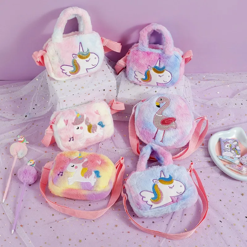 

Плюшевая сумка с единорогом для маленьких девочек, милый пушистый кошелек на плечо с регулируемым ремешком, детский кошелек, детский сад, активный отдых на свежем воздухе