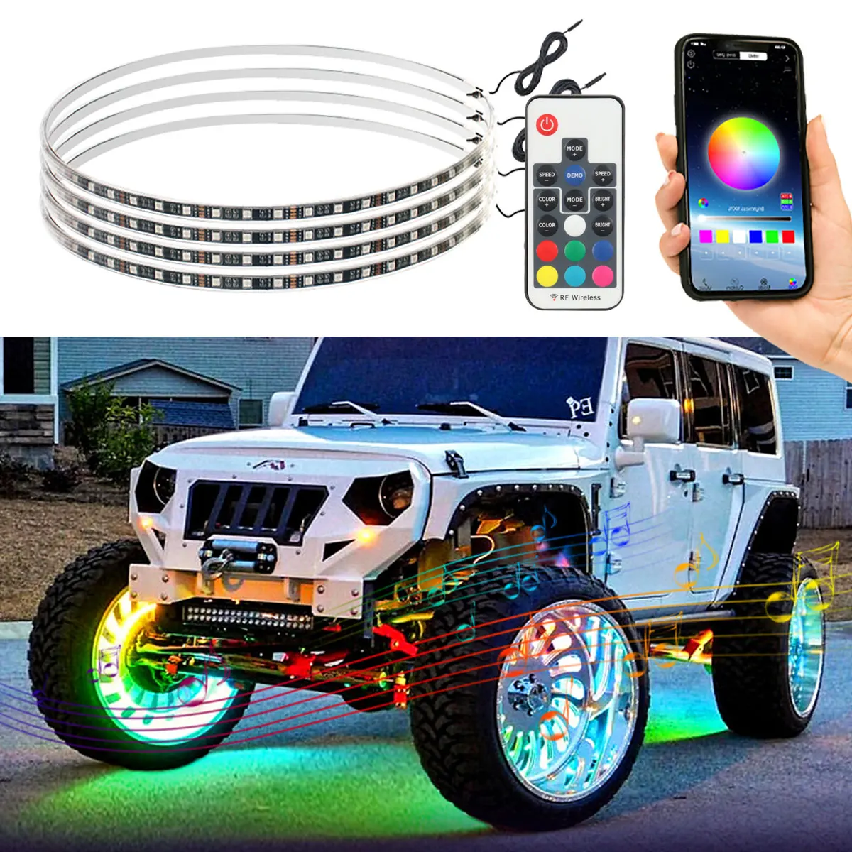 

15.5inch RGB Symphony LED Car Hub Lamp Kit APP Remote Control Neon Wheel Ring Decorative Atmosphere Light ATV UTV Accessories