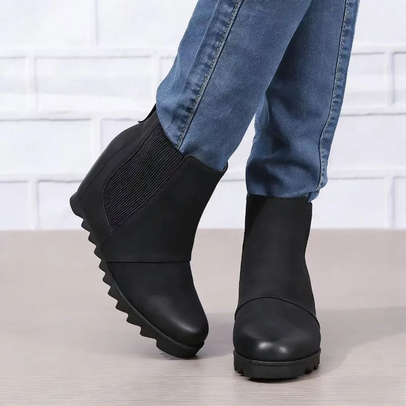 Spring Women's Boots Leather Plus Size Women Ankle Boots Slip on Round Head Wedge Heels Non Slip Retro Women Shoes High Quality