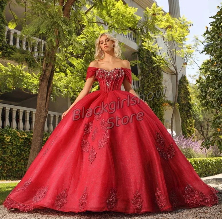 Red Quinceanera Dresses Luxury Elegant One-shoulder Crystal Applique Tulle See-through Back Bow Tie Vestidos Verano Moda 2024