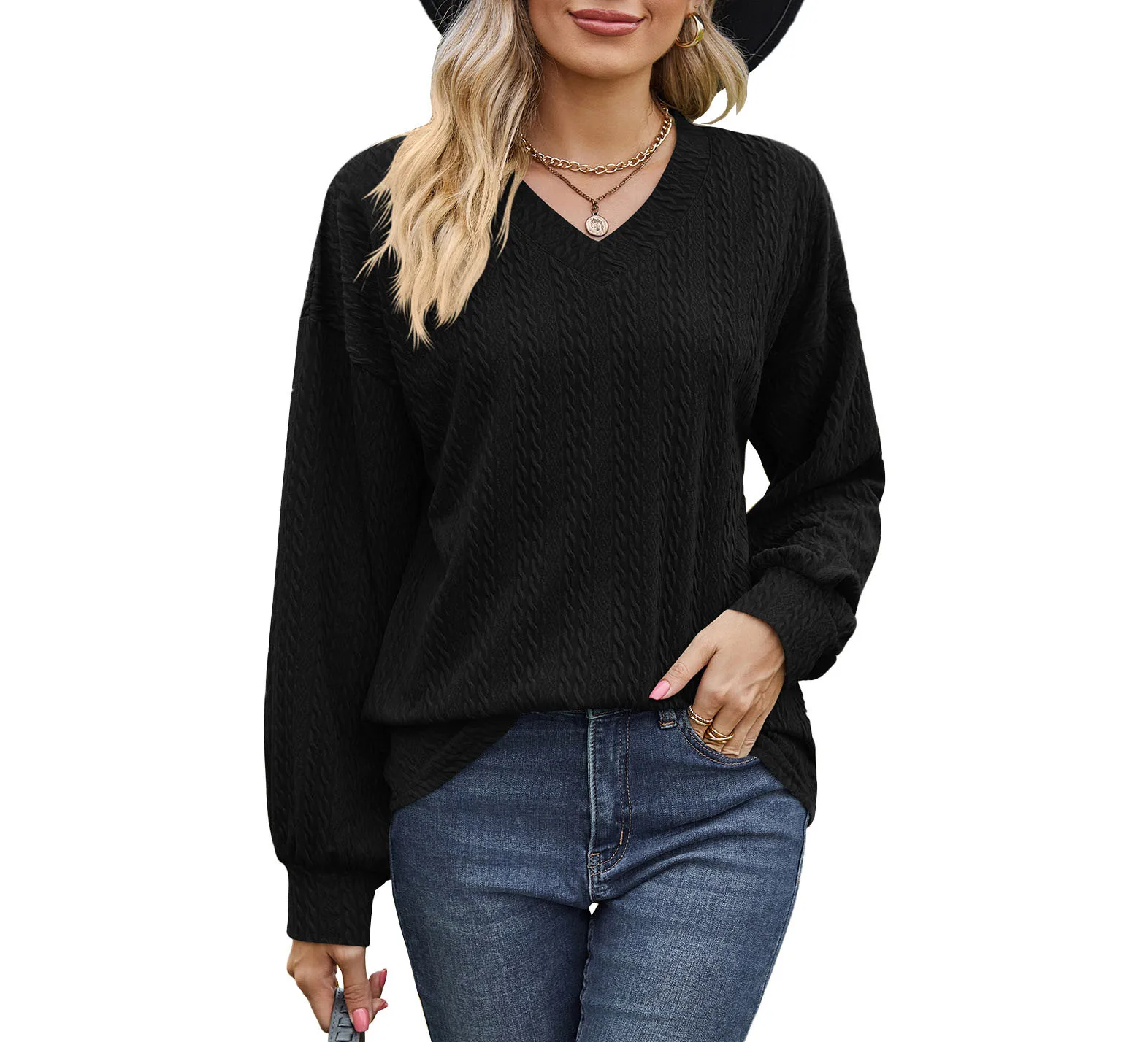 

T-Shirt for Women 2023 Autumn and Winter New Solid Color V-Neck Long Sleeve Loose Casual Blouse