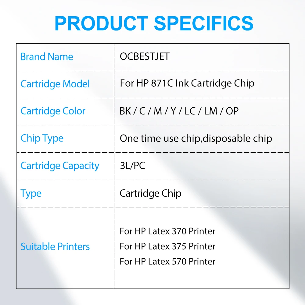 Чип картриджа с чернилами HP 871C для принтера HP Latex 370 375 570 G0Y82C G0Y79C G0Y80C G0Y81C G0Y83C G0Y84C, новые чипы для обновления 3L
