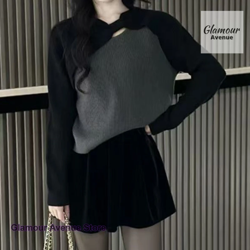 

French advanced sense of contrast twisted round neck irregular long-sleeved women's autumn and winter new loose temperament top