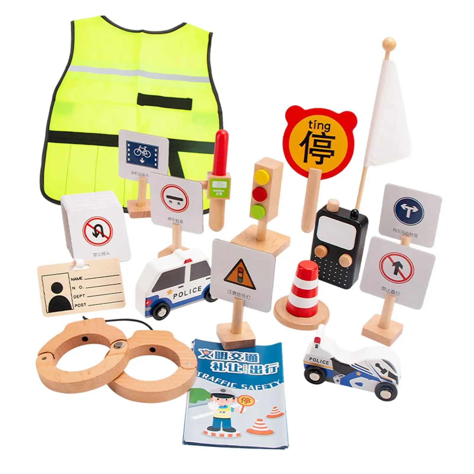 Wooden Road Construction Traffic Sign Set with Uniform Sensory Development Pretend Play Cosplay Children Play for Boys and Girls