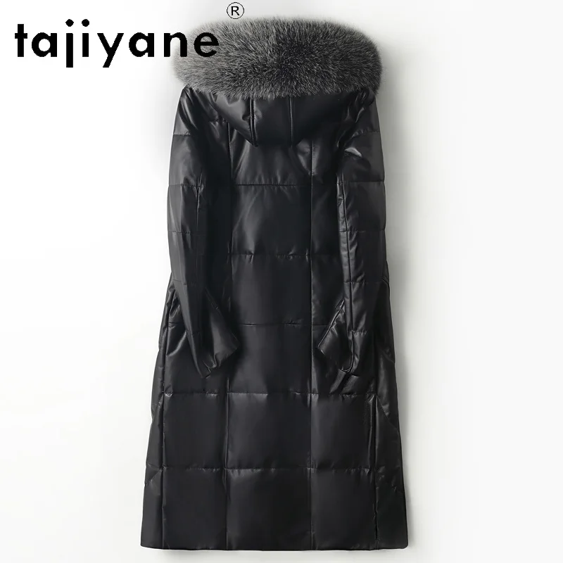 TAJIYANE 100% معطف نسائي من جلد الغنم بقلنسوة سترة طويلة من الجلد الطبيعي معاطف بياقة من فرو الثعلب 2025 ملابس نسائية شتوية