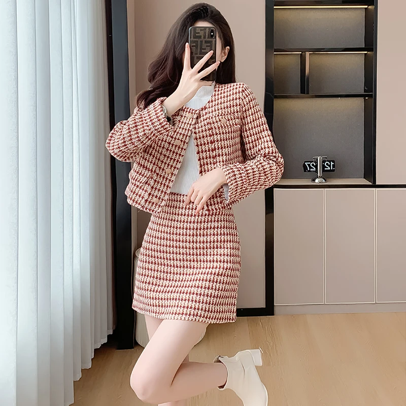 Fashion Autumn Ladies Pink Plaid Tweed Vintage 2 Pieces Outfit Women Short Coat Tops Jacket Outwear+Mini Skirt Mujer Slim Set