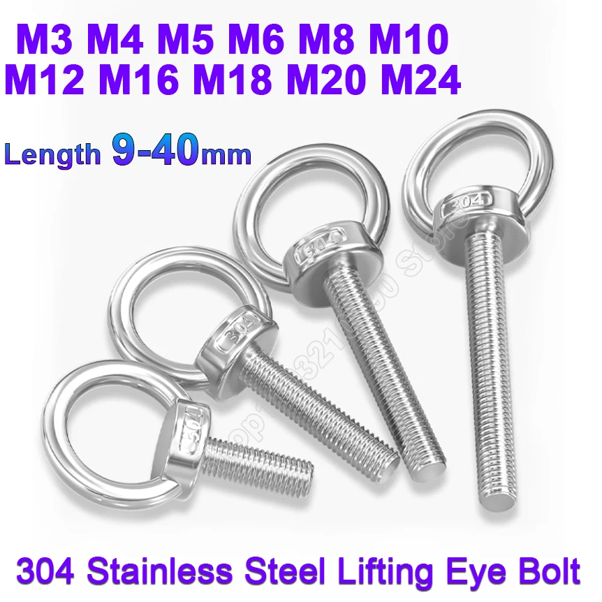 

M3 M4 M5 M6 M8 M10 M12-M24 304 Stainless Steel Lifting Eye Screw Bolt Round Ring Hook Fasterner Loop Hole for Cable Rope Eyebolt