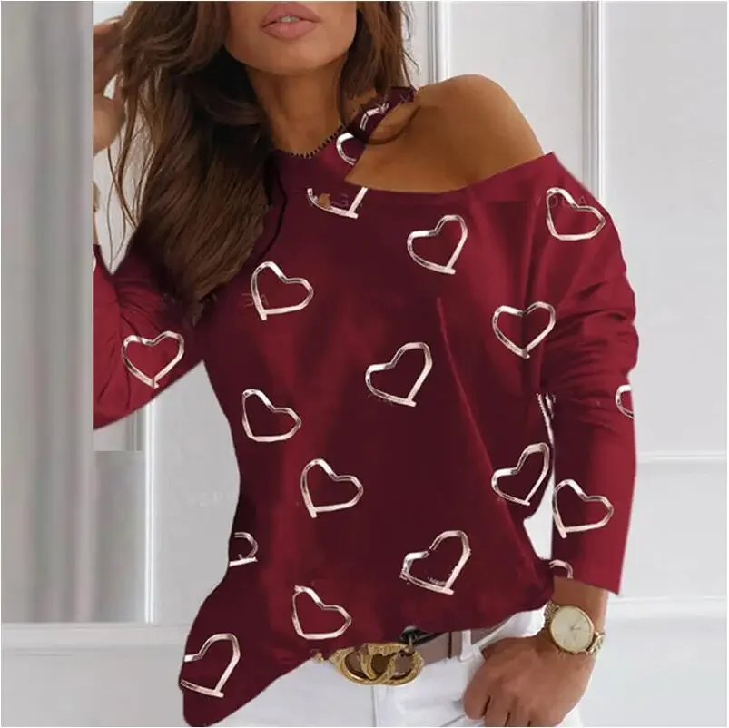 

Autumn Winter Women Casual Elegant Off Shoulder O-Neck Heart Print Long Sleeve Halter T-Shirt Tops Fashion Oversized Streetwear