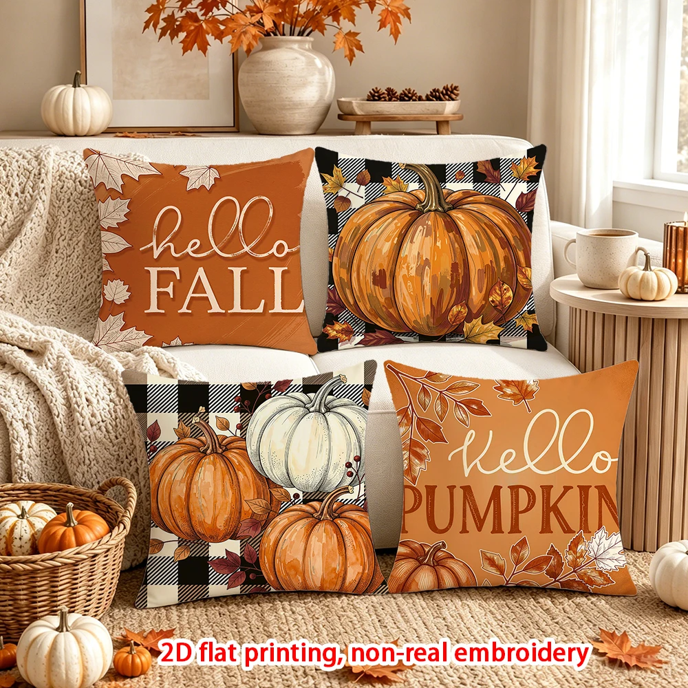 4PCS Fall Thanksgiving Pillow Covers, Rustic Farmhouse Pumpkin Floral Thankful Blessed Cushion Cases for Home Decor