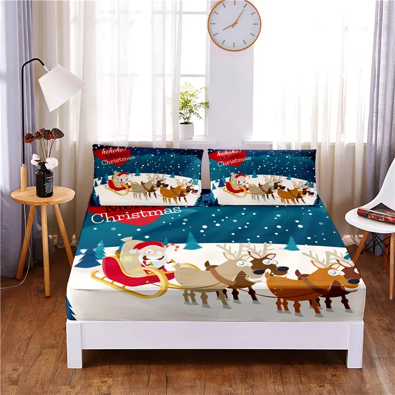 

Christmas Sleigh Digital Printed 3pc Polyester Fitted Sheet Mattress Cover Four Corners with Elastic Band Bed Sheet Pillowcase