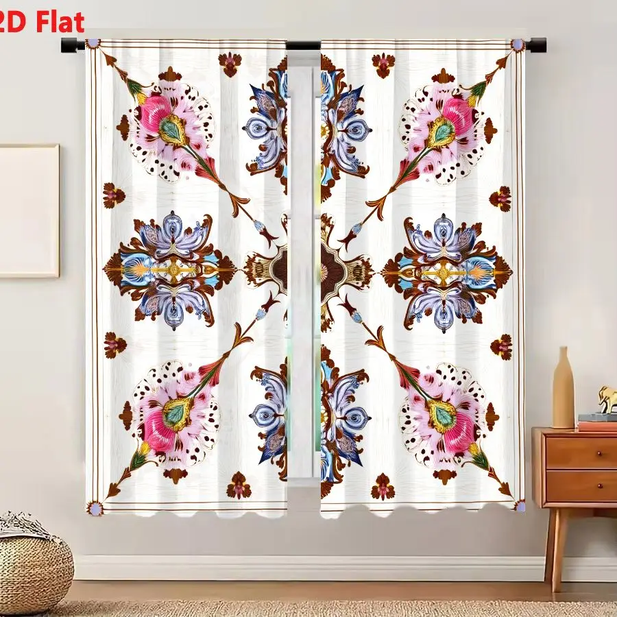 2Pcs Curtains 2D Flat Square Textile Design With Pink Magenta Floral Motifs And Teal Centers On Cream Background Window Drapes f