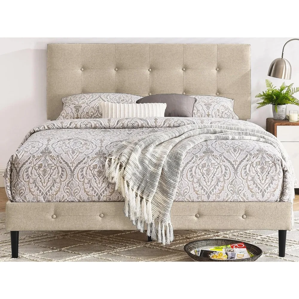 Decoro Cambridge Upholstered Wooden Platform Bed Frame with Headboard, Queen, Linen