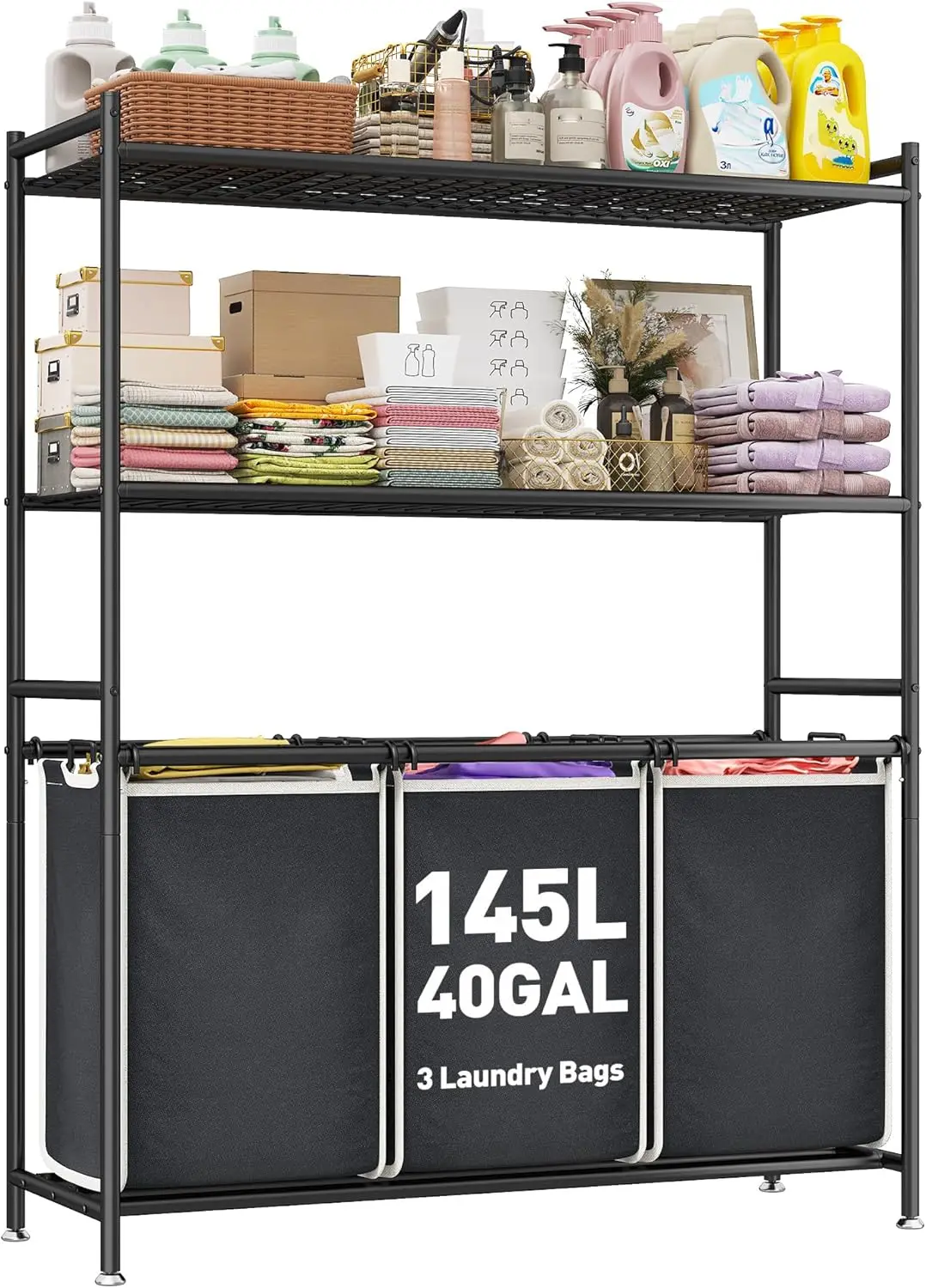 

Laundry Sorter 3 Section Laundry Hamper Sorter with Adjustable Storage Shelf 145L Laundry Basket Organizer with Removable Bag