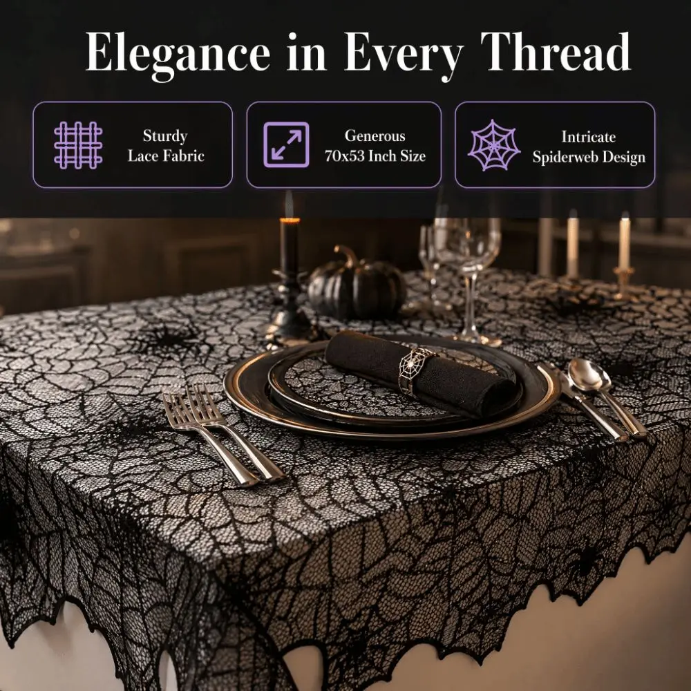 Spooky Portable Halloween Decoration Lace Unique Black Tablecloth Ghotic Lightweight Spider Web Tablecloth Haunted House
