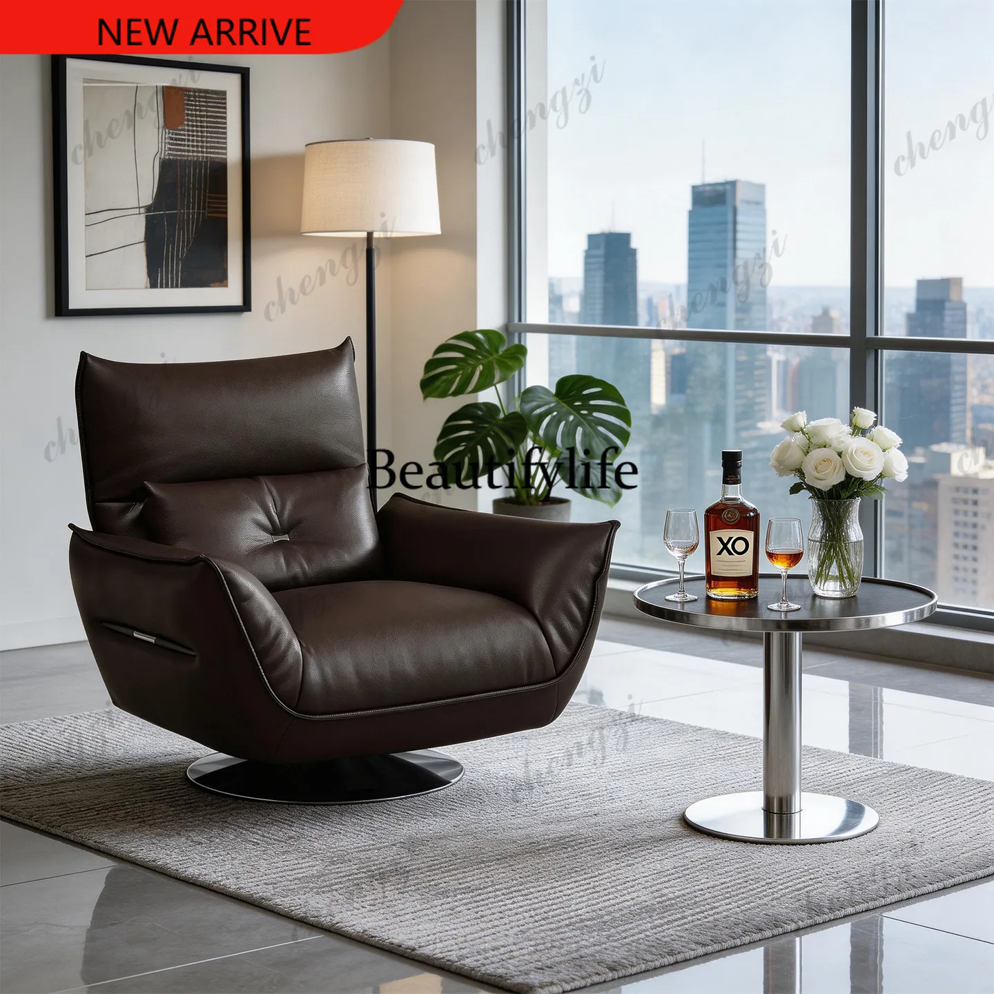 Italian minimalist leather single sofa chair living room leisure rotating chair modern light luxury first-layer cowhide chair