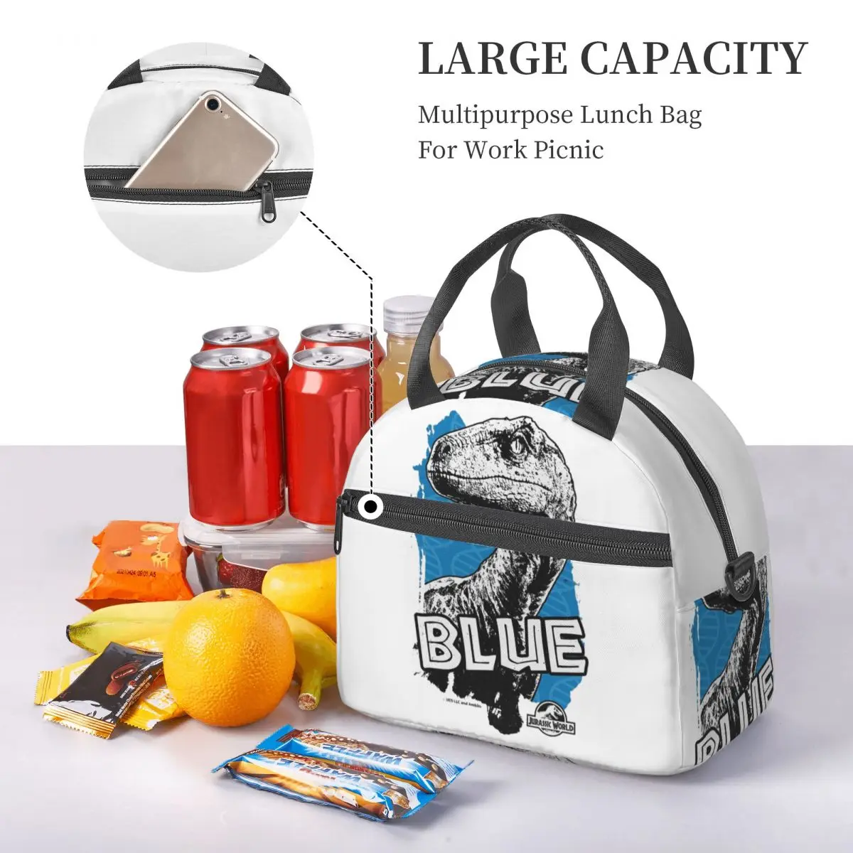Jurassic World - Blue Fan Art Graphic Insulated Lunch Bag for Women Bento Storage Food Boxes Container Cooler Thermal Lunch Box
