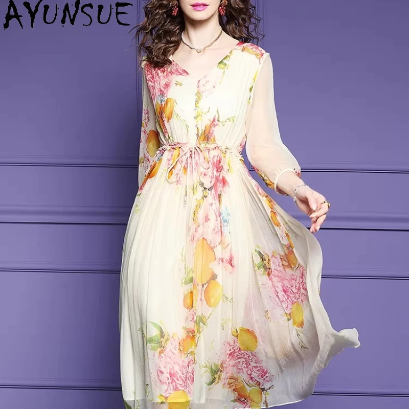 AYUNSUE 100% Natural Mulberry Silk Womens Dresses Elegant Dress 2026 Summer Clothes Long Dresses for Women Printed Платье Женско