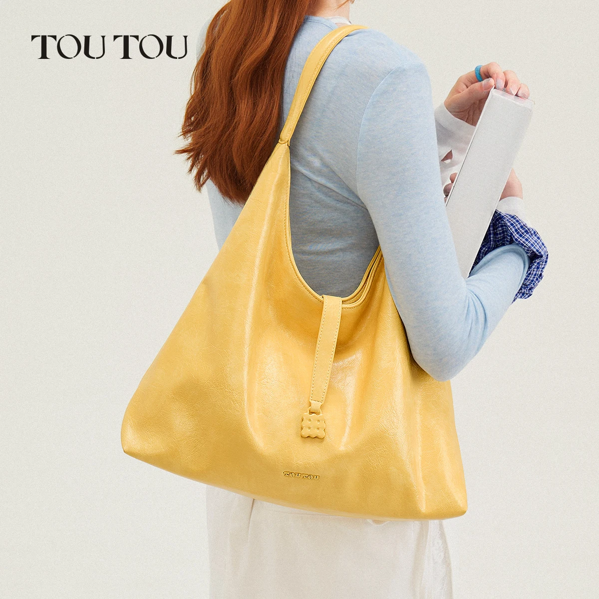 

toutou yellow hobo shoulder bag Soft pu leather large capacity for 13" tablet cute biscuit hardware daily commute tote for women