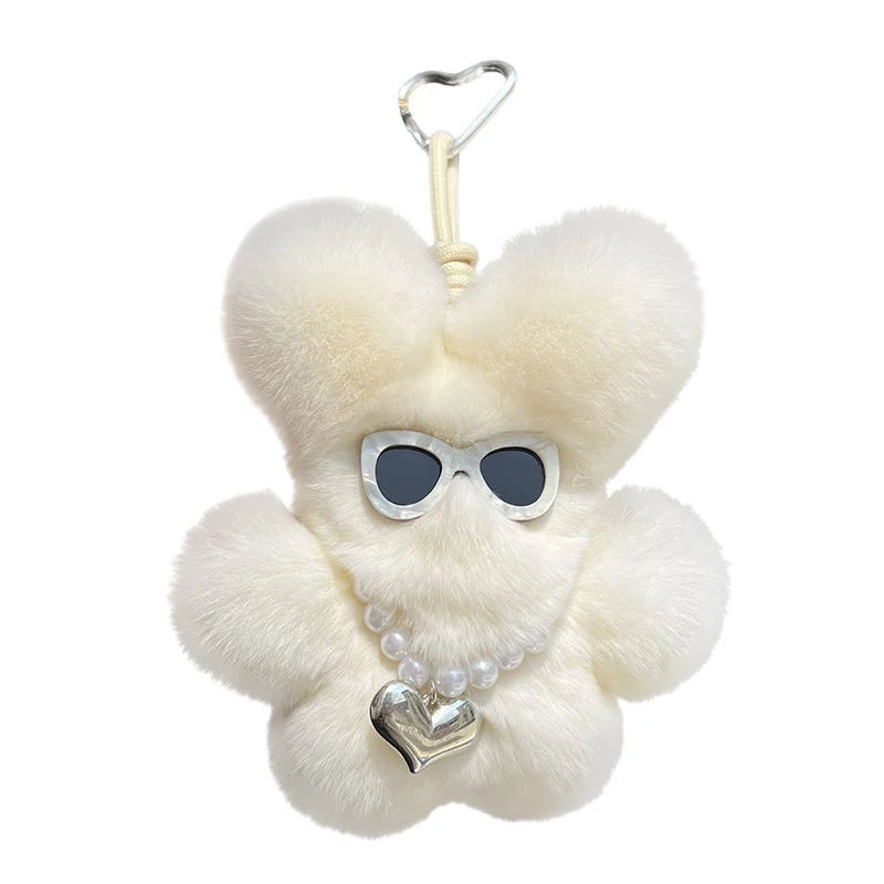 Óculos de sol de pele de coelho lontra real boneca fofa pequeno coelho chaveiro de carro pingente mochila decoração de pelúcia coelho