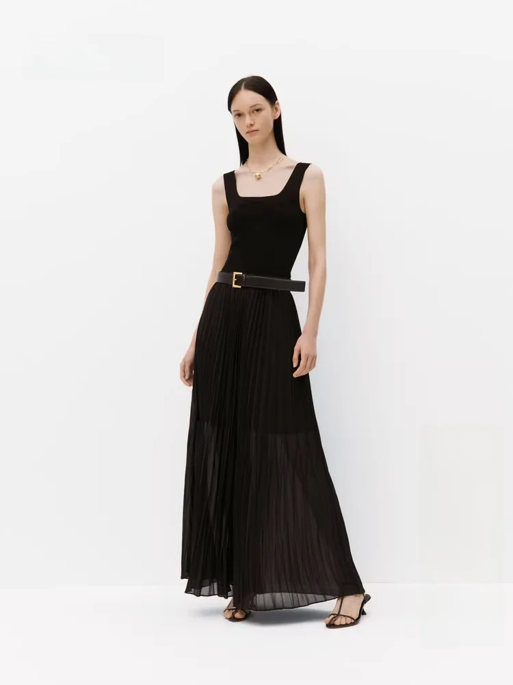 

Ele Vintage Square Collar Splice Long Dr Women's Autumn New Sle Pleated Vest Dr U-Neline Svel Gown