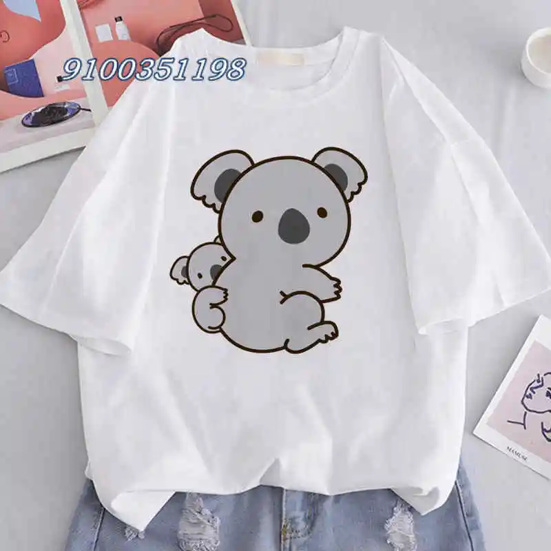 Schattige Koala Dieren Afdrukken T-Shirt Tops Leisure Girl Tshirt Cartoon Meisjes Witte Korte Mouwen Normaal Shirt Femme Dropshipping