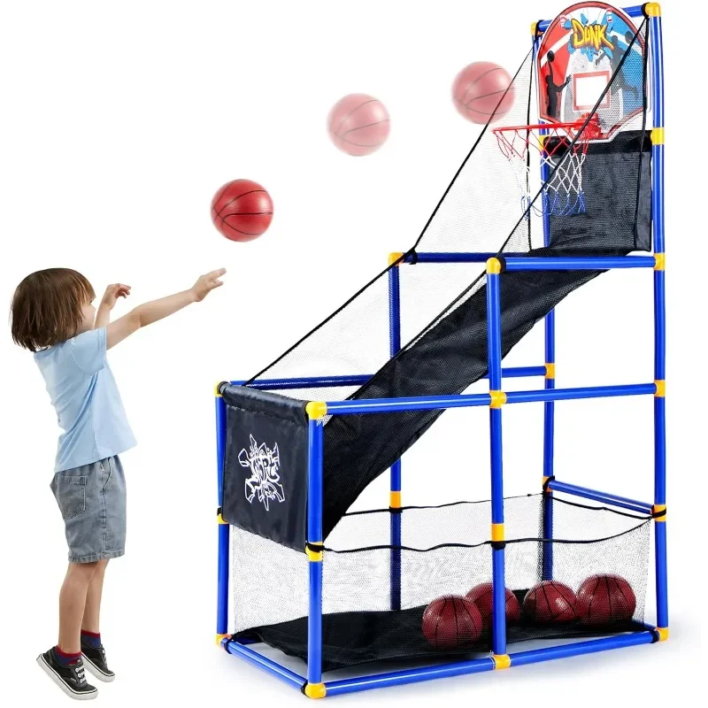 home.Arcade basketball game set with 4 balls and hoop for indoor use for kids ages 3 to 12