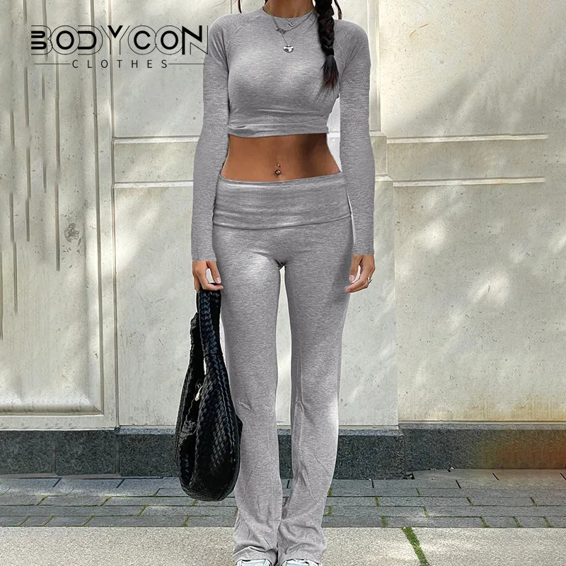 

Women's Fold Set Solid Color Tights Long Sleeve Crop Top and Leggings Pants 2023 Autumn Casual Two 2 Piece Set Outfits Tracksuit