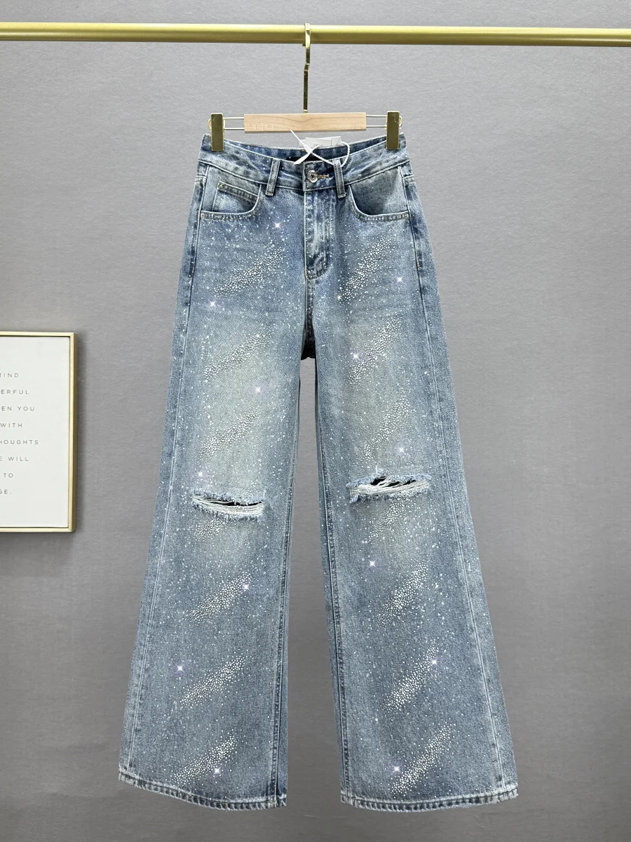 

Женские джинсы с высокой талией и широкими штанинами, новинка весны, рваные, с алмазной отделкой, свободные, стройнящие, длиной в пол