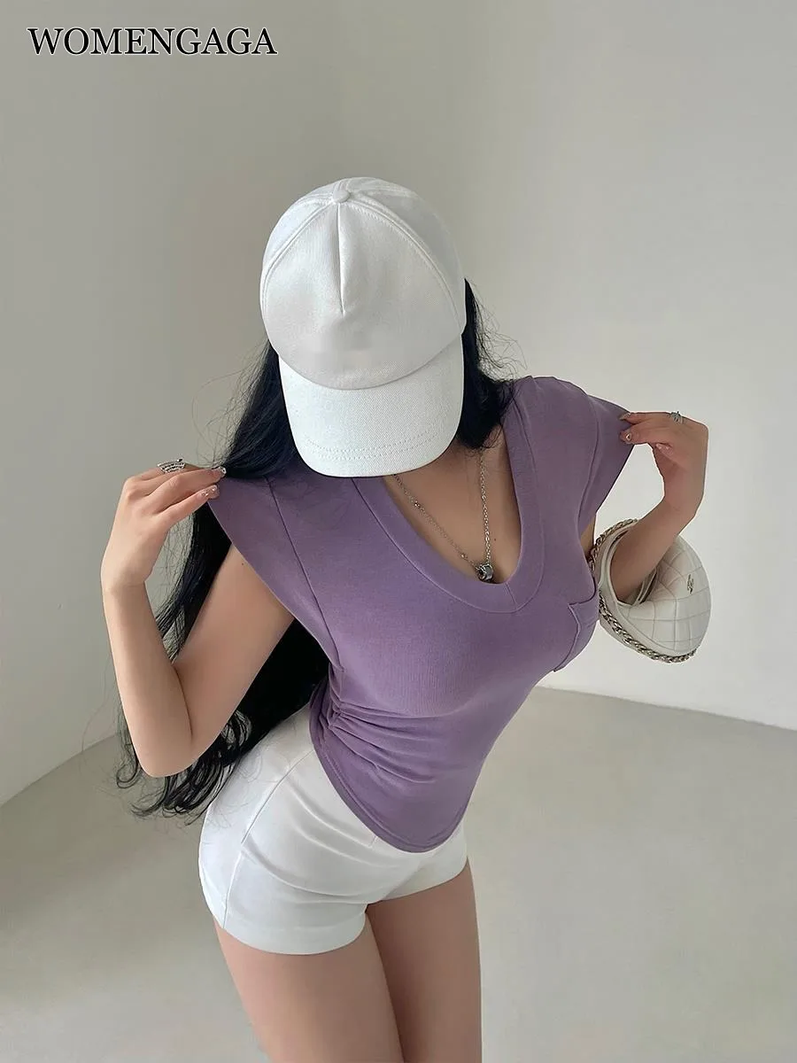 WOMENGAGA Sexy V-neck Slim Elastic Fold Curved Bottom Flying Sleeve T-shirt Top Purple Tees American Spicy Girls 61WZ