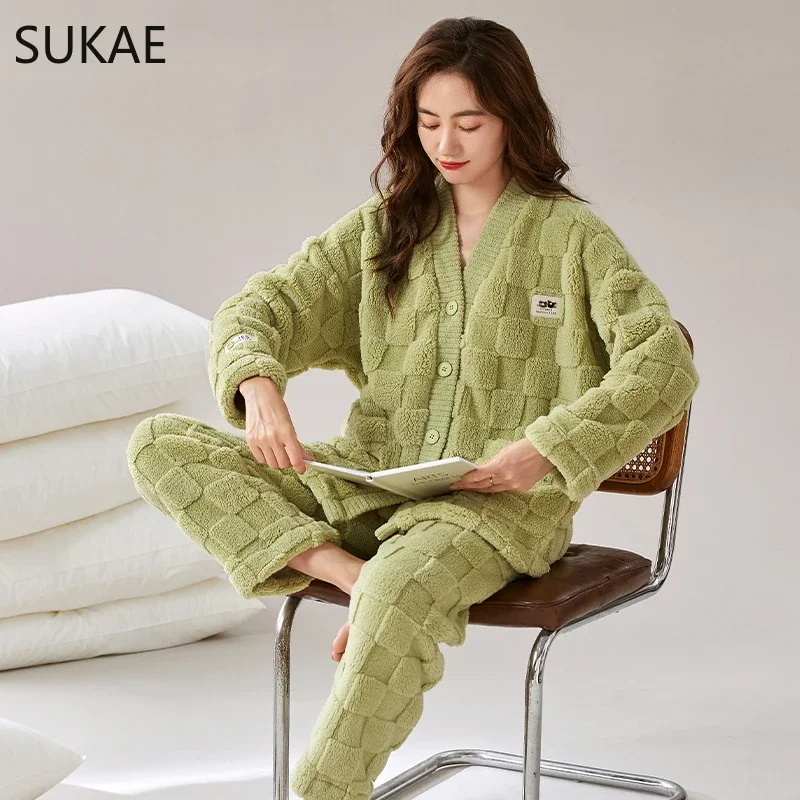 SUKAE Winter Coral Fleece Womens Thermal Pajamas Set Thick Sleepwear Girls Pijamas Kimono Lapel V-neck Homewear Fluffy Nightwear