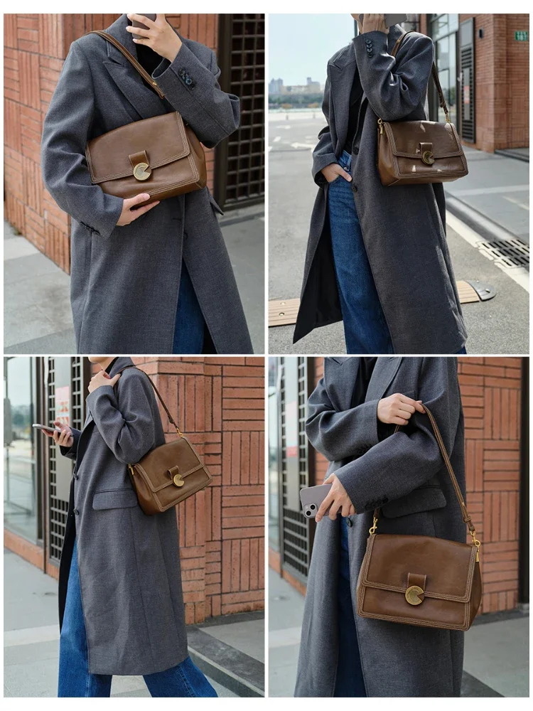 Borsa quadrata piccola retrò da donna color caffè nero intenso nuova borsa a tracolla in pelle di vacchetta autunno e inverno senso del design