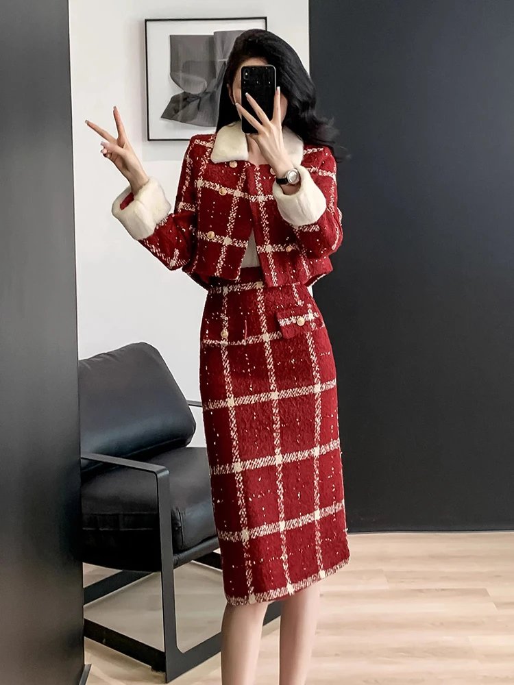 Red Little Fragrant Wind Set Autumn/Winter 2024 Advanced New French Style Half Skirt Checkered Two Piece Jacket