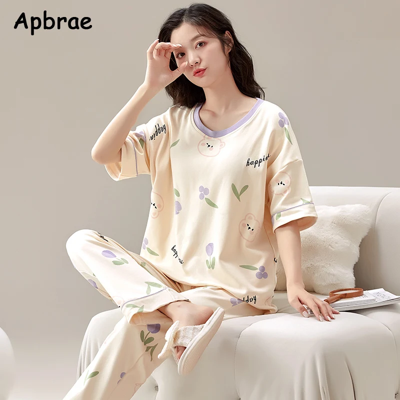 Summer Fruit Print Pajamas for Women Cotton Pajama Sets Short Sleeves Long Pants Cartoon Round Collar Pijamas Girl Sleepwear