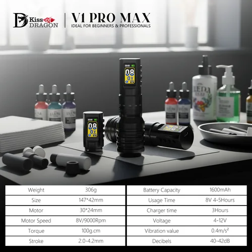 Imagen 2 del producto Máquina de tatuaje inalámbrica V1 Pro MAX, pluma de carrera ajustable, Motor personalizado, pantalla LDEAL para principiantes o profesionales para arte de tatuaje
