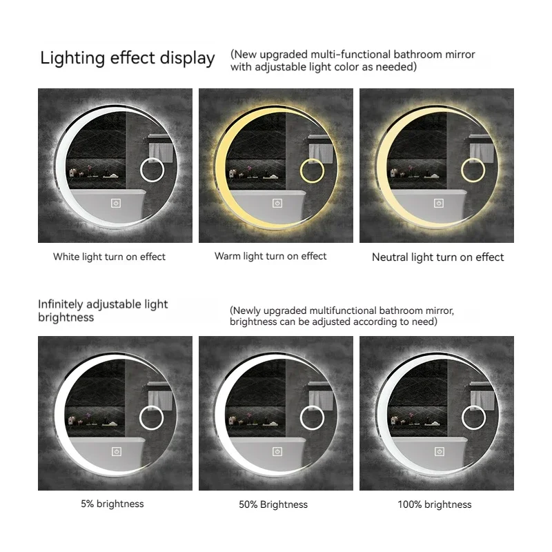 Imagem -05 - Espelho do Banheiro Led Redondo Desembaçamento Inteligente Retroiluminação Ajustável Quarto do Hotel Decorativa Cores 70 cm