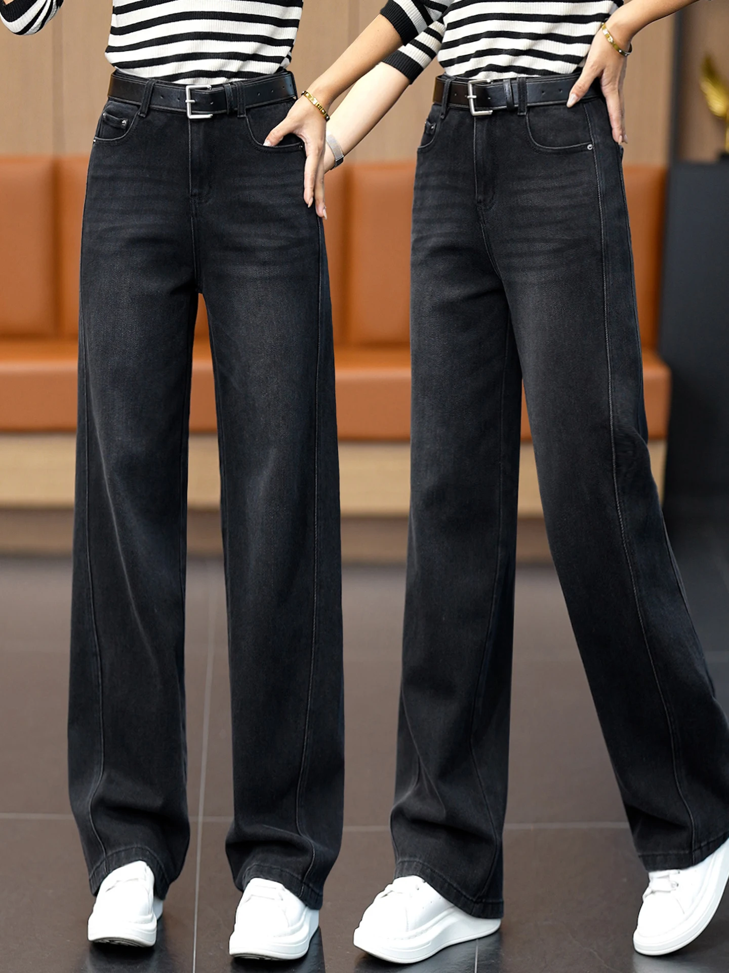 

Джинсы с высокой талией и расклешенными штанинами для женщин: новая осенне-зимняя модель, повседневные свободные джинсы с начесом, широкие прямые джинсы из денима, стройнящие фигуру