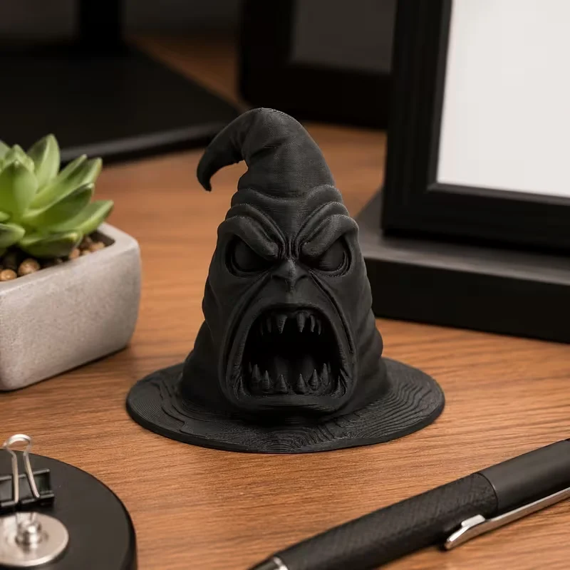 3D Printed Angry Monster Wizard Hat Figurine Black Halloween Desktop Decor Spooky Witch Hat Tabletop Ornament Horror Style Gift